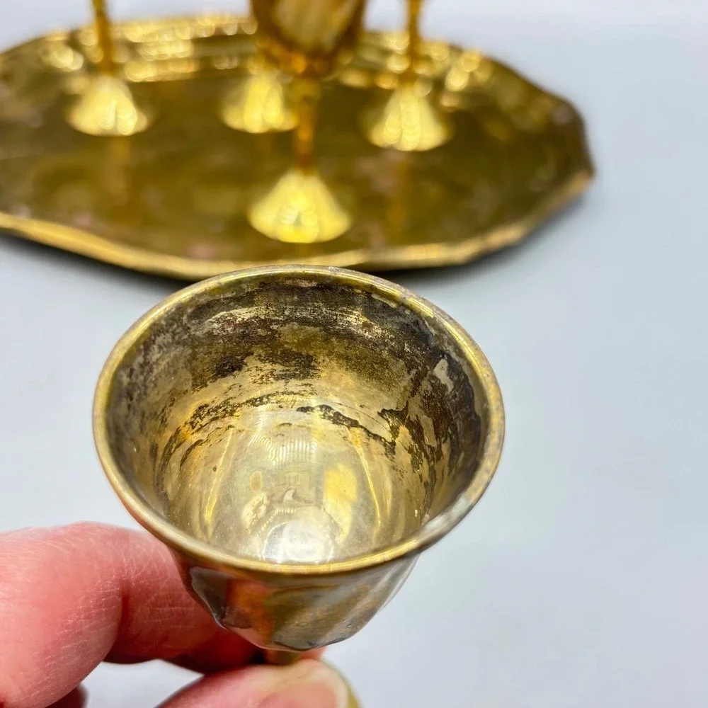 Vintage‎ Brass Liqueur Shot Glasses Set with Octagon Serving Tray Made in India